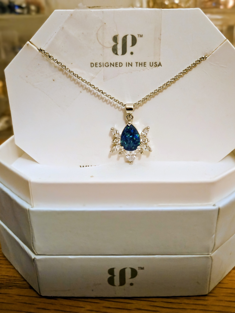 bp Blue Teardrop Crystal Pendant Necklace - Silver Tone